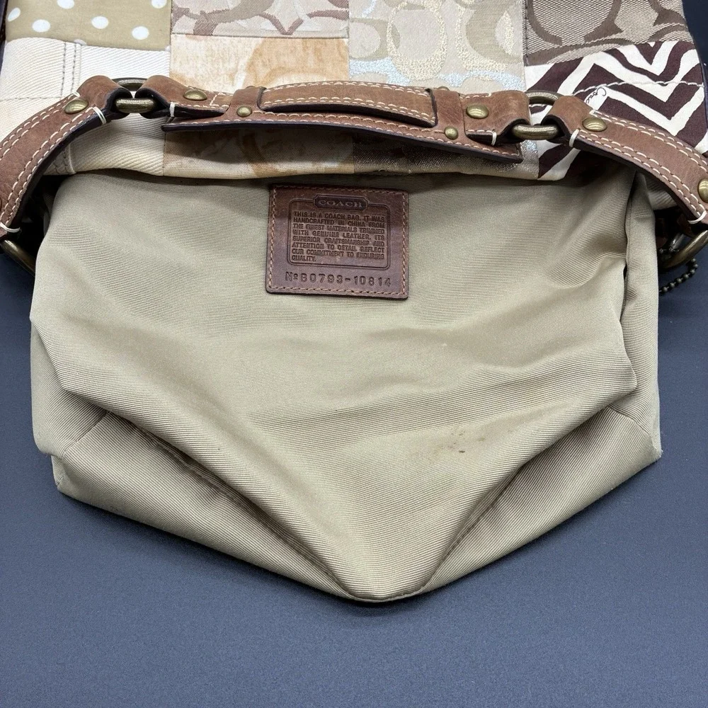 Coach Carly 10814 Y2K Patchwork Signature Hobo Shoulder Bag Brown‎ Tan Canvas